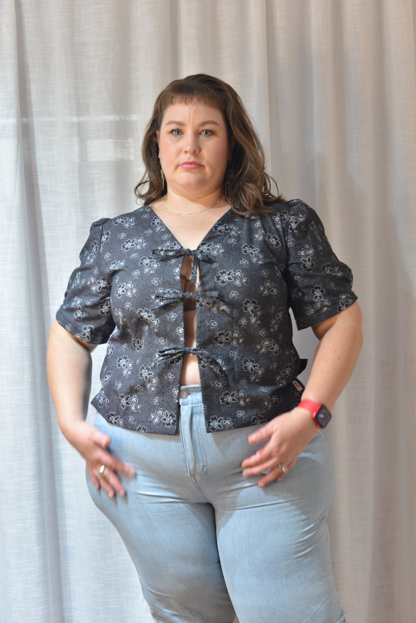 Tie Front Top - Monochrome Folky Florals Size 14