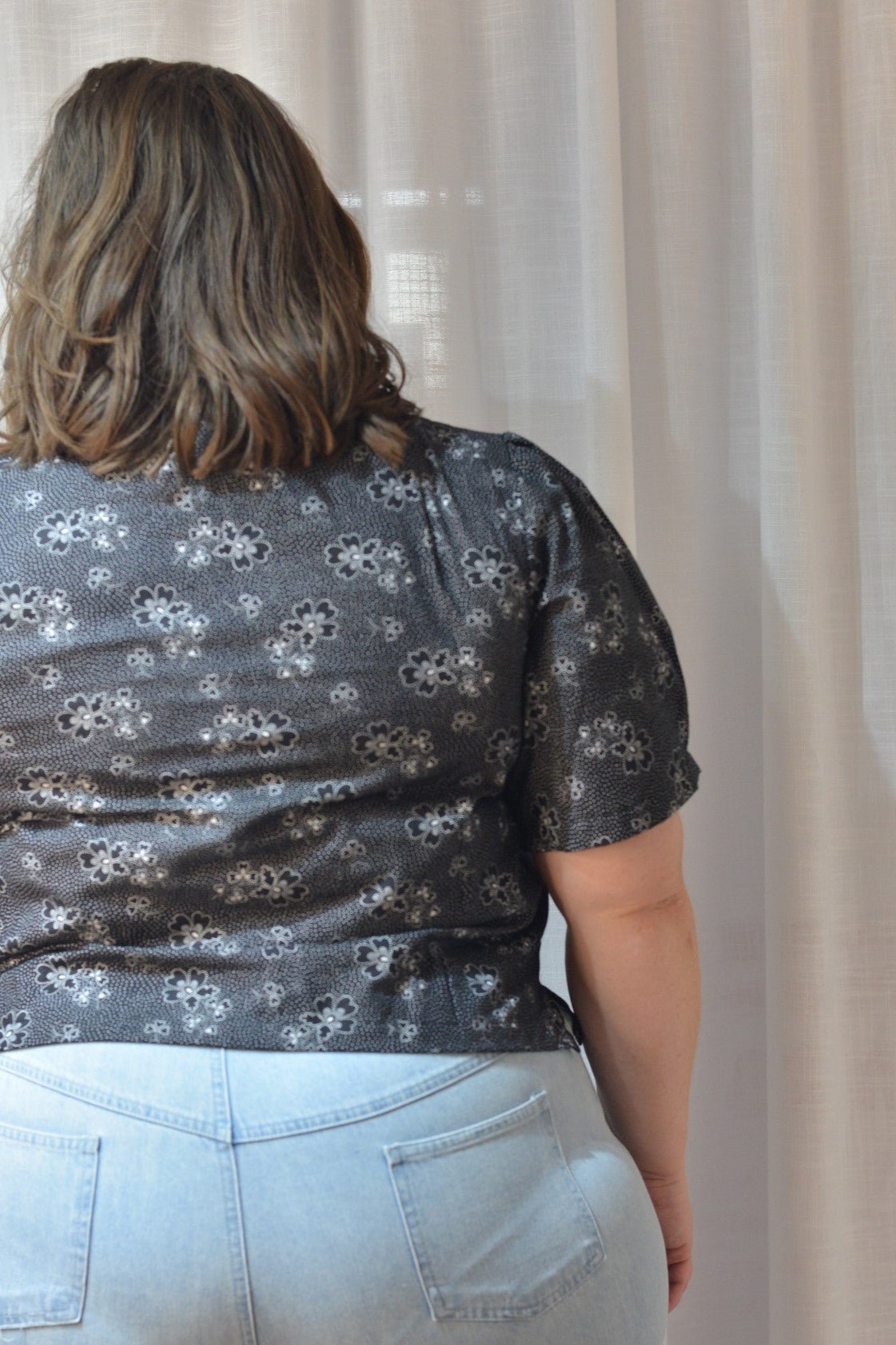 Tie Front Top - Monochrome Folky Florals Size 14