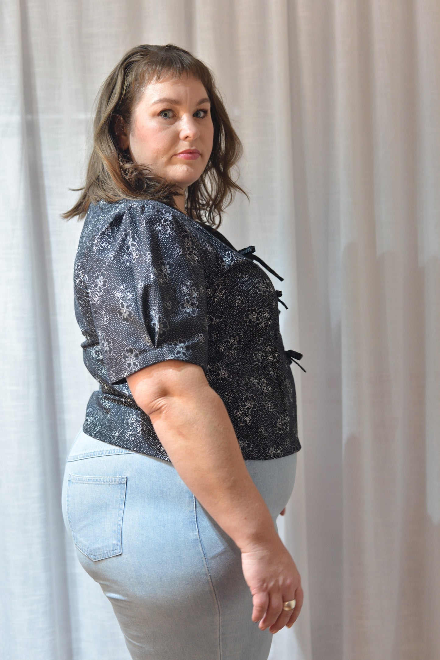 Tie Front Top - Monochrome Folky Florals Size 14