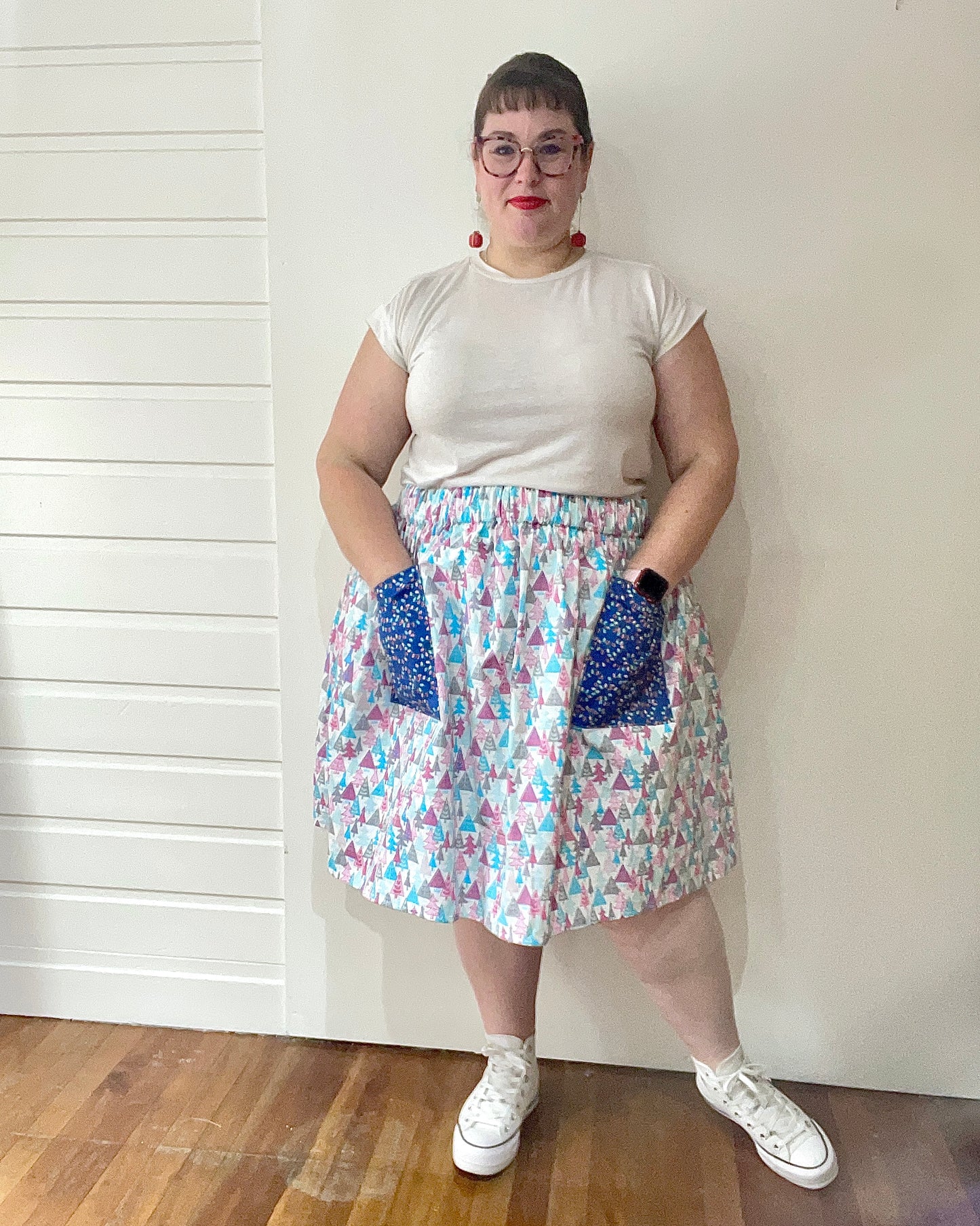 Christmas Patch Pocket Skirt - Size XL - Pastel Christmas Trees