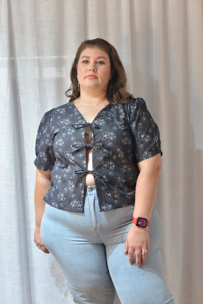 Tie Front Top - Monochrome Folky Florals Size 14