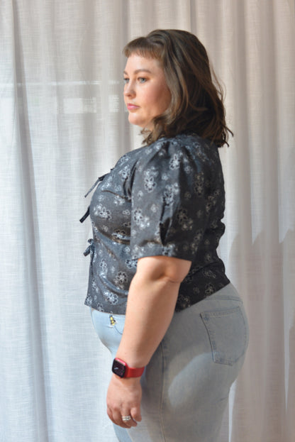 Tie Front Top - Monochrome Folky Florals Size 14