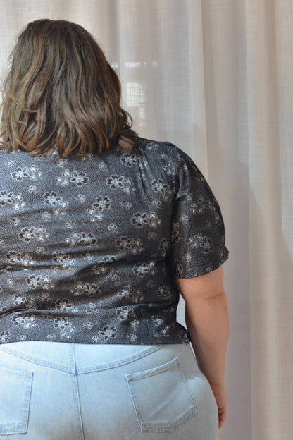 Tie Front Top - Monochrome Folky Florals Size 14