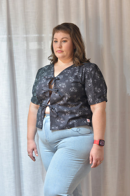 Tie Front Top - Monochrome Folky Florals Size 14