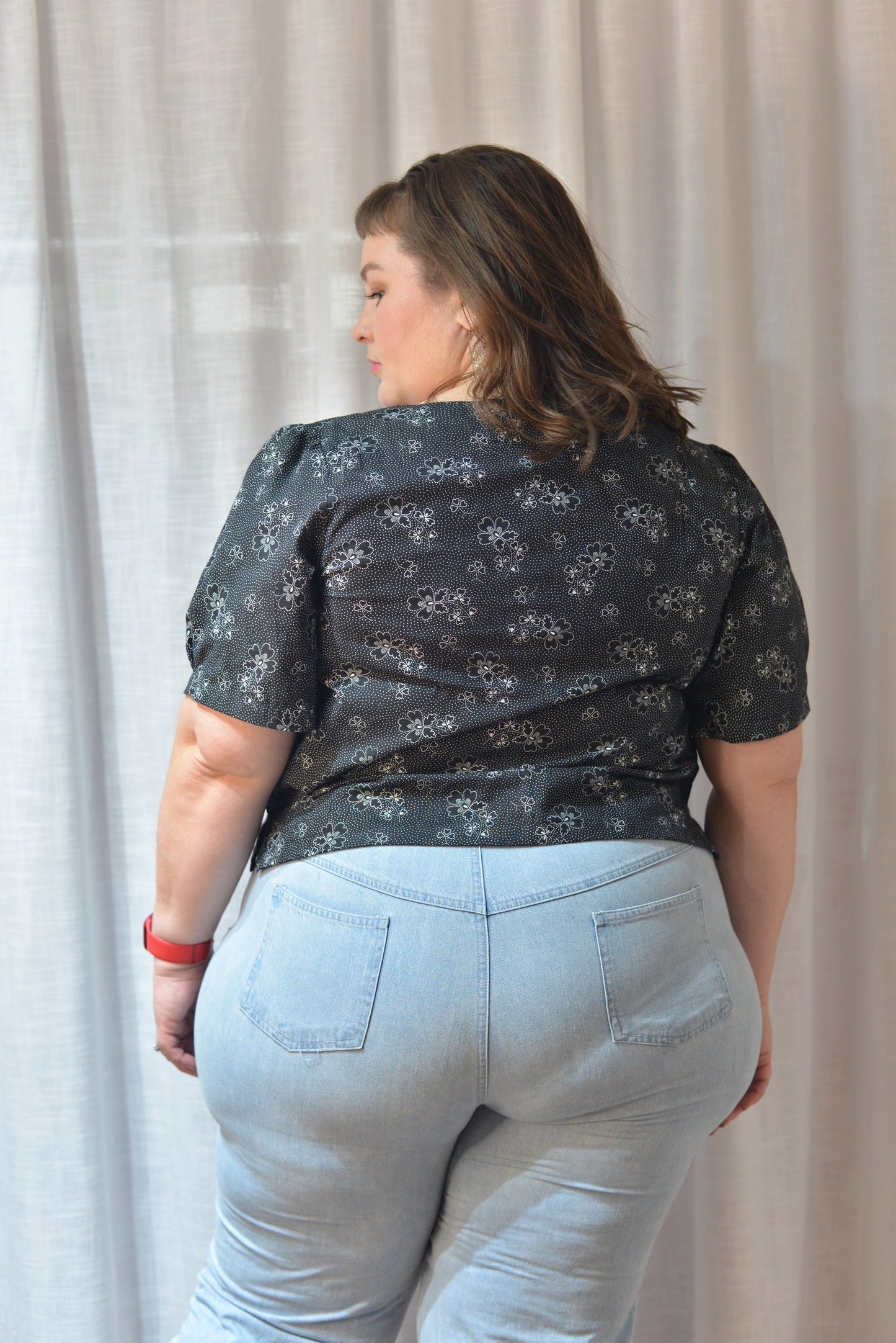 Tie Front Top - Monochrome Folky Florals Size 14