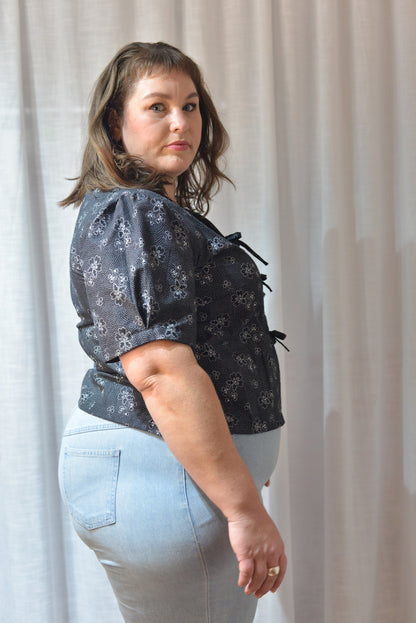 Tie Front Top - Monochrome Folky Florals Size 14